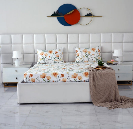 Fitted Bed Sheet-Orange Flower Fitted Sheets Apricot