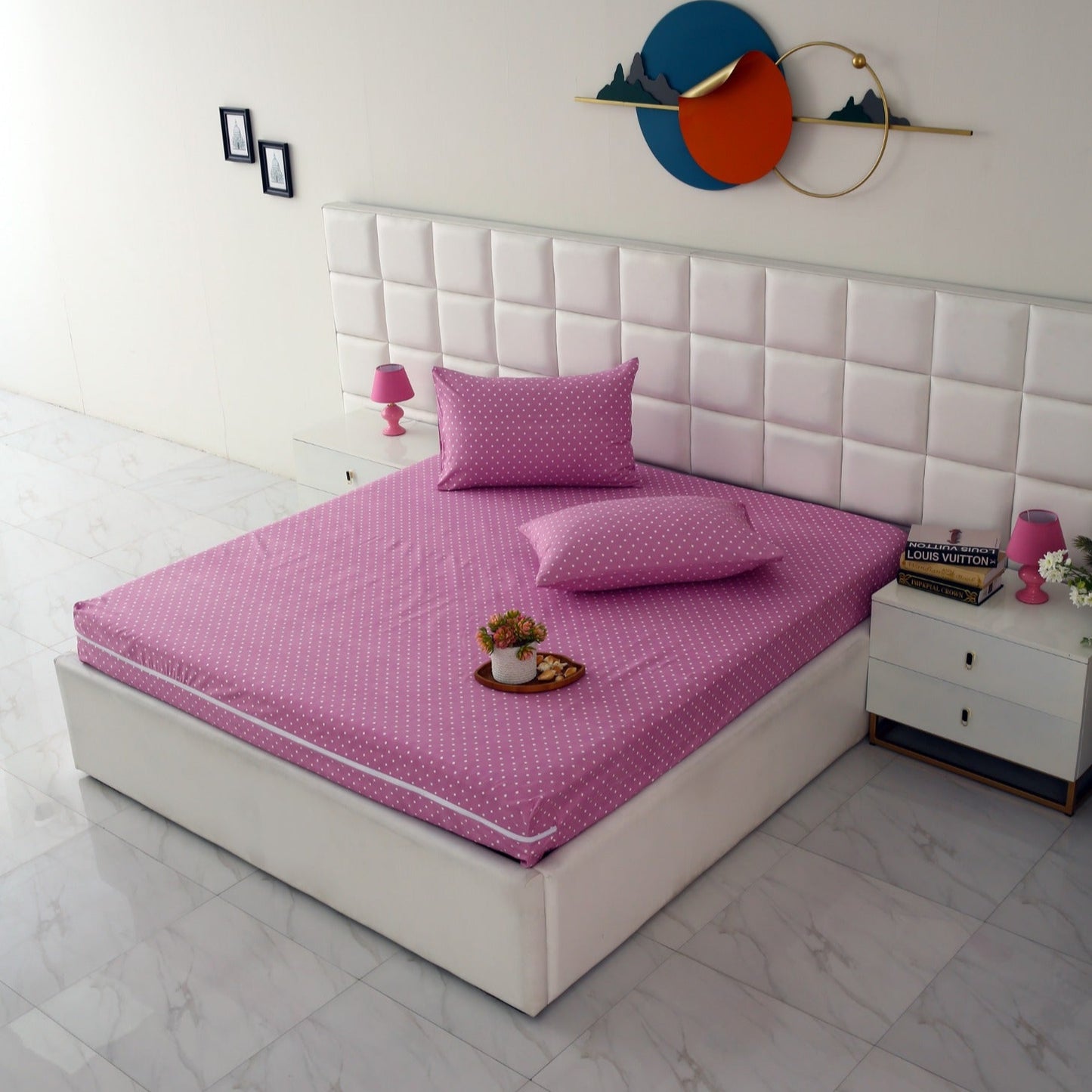 Zipper Mattress Cover Printed-Lilac Polka Protectors Apricot
