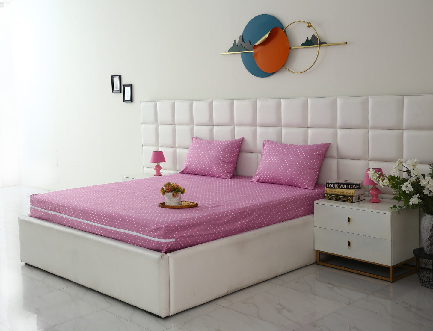 Zipper Mattress Cover Printed-Lilac Polka Protectors Apricot