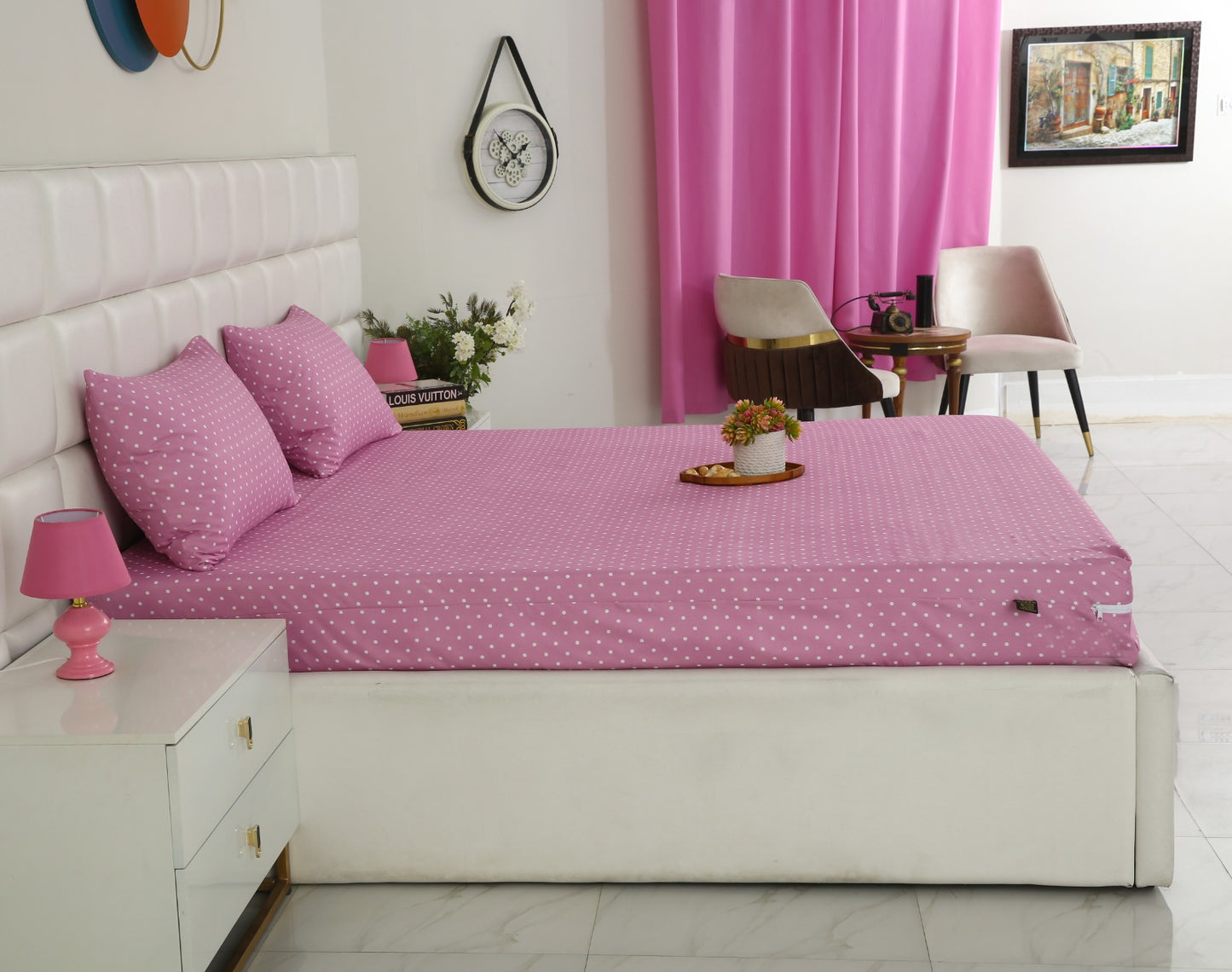 Zipper Mattress Cover Printed-Lilac Polka Protectors Apricot