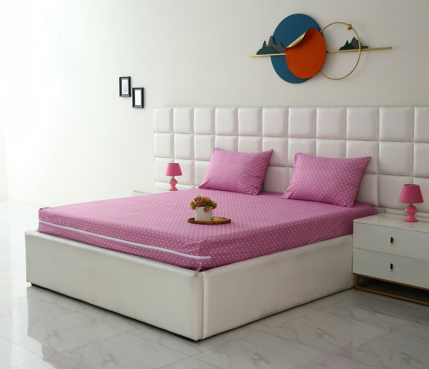Zipper Mattress Cover Printed-Lilac Polka Protectors Apricot