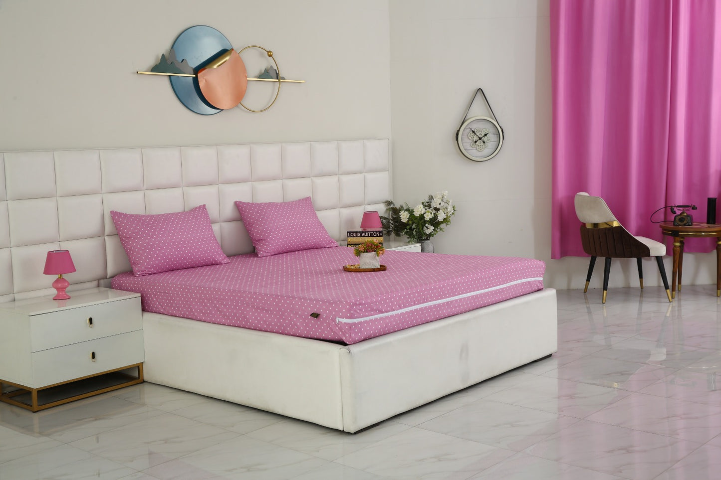 Zipper Mattress Cover Printed-Lilac Polka Protectors Apricot