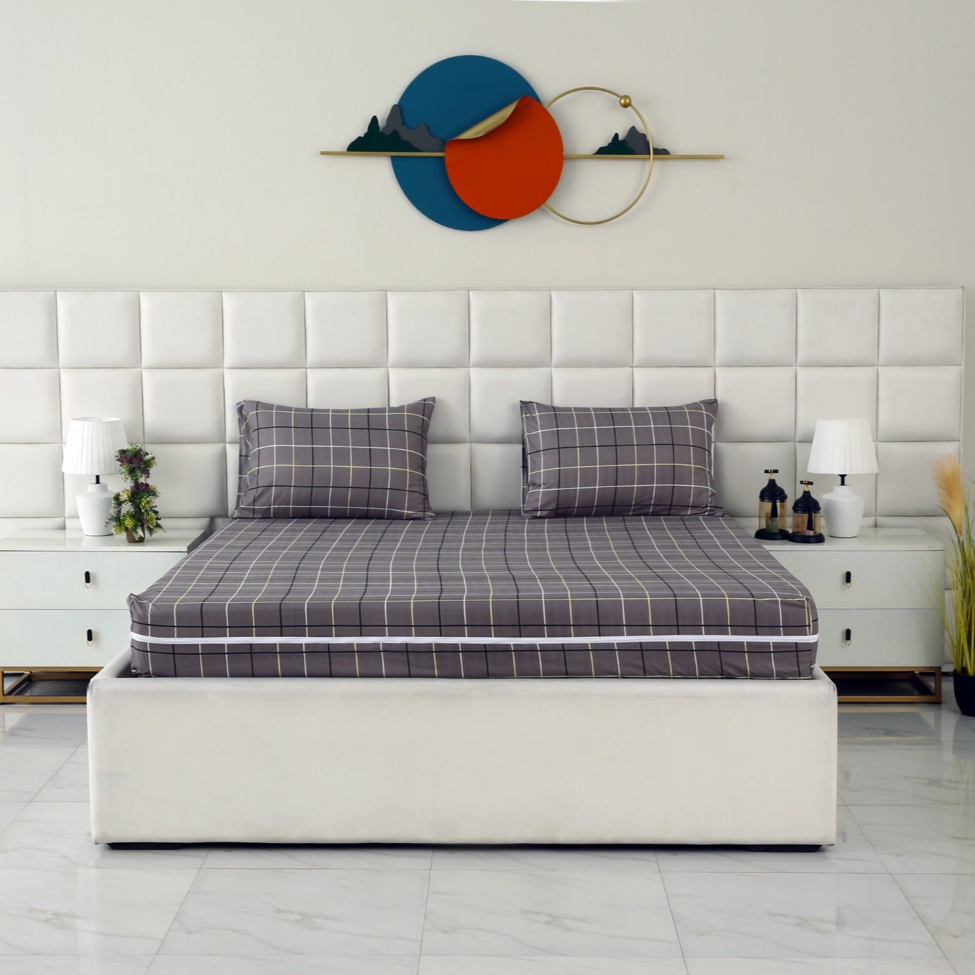 Zipper Mattress Cover Printed-Multi Check Protectors Apricot