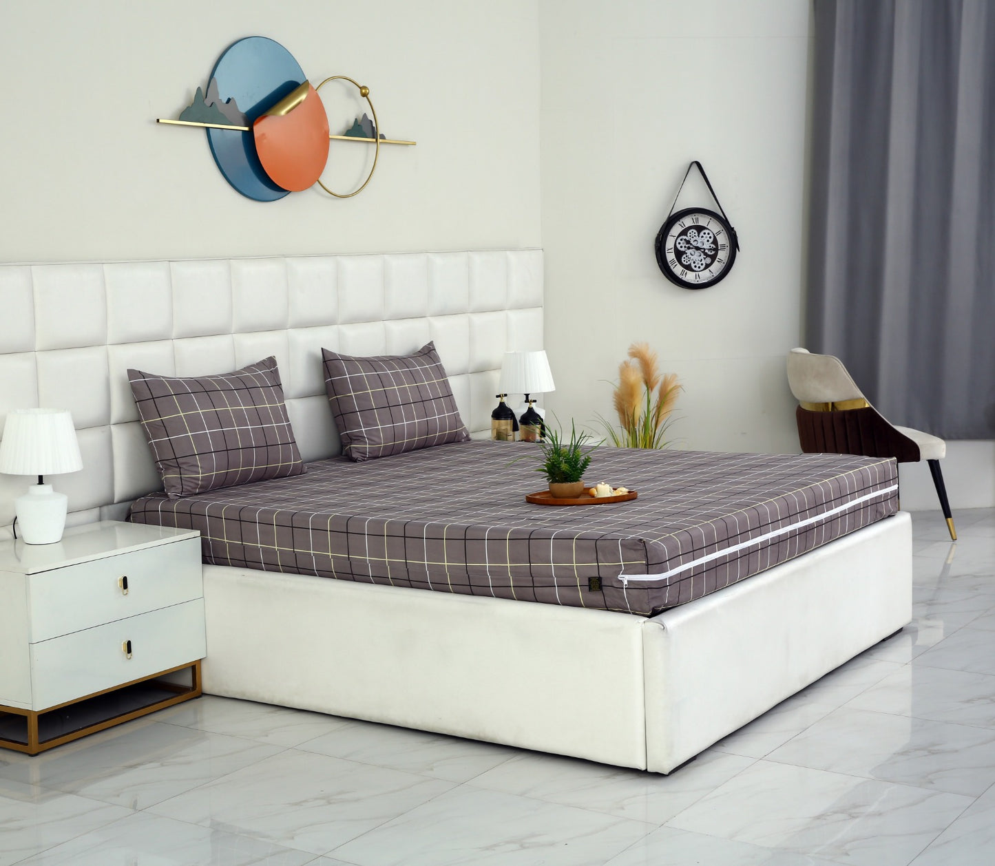Zipper Mattress Cover Printed-Multi Check Protectors Apricot