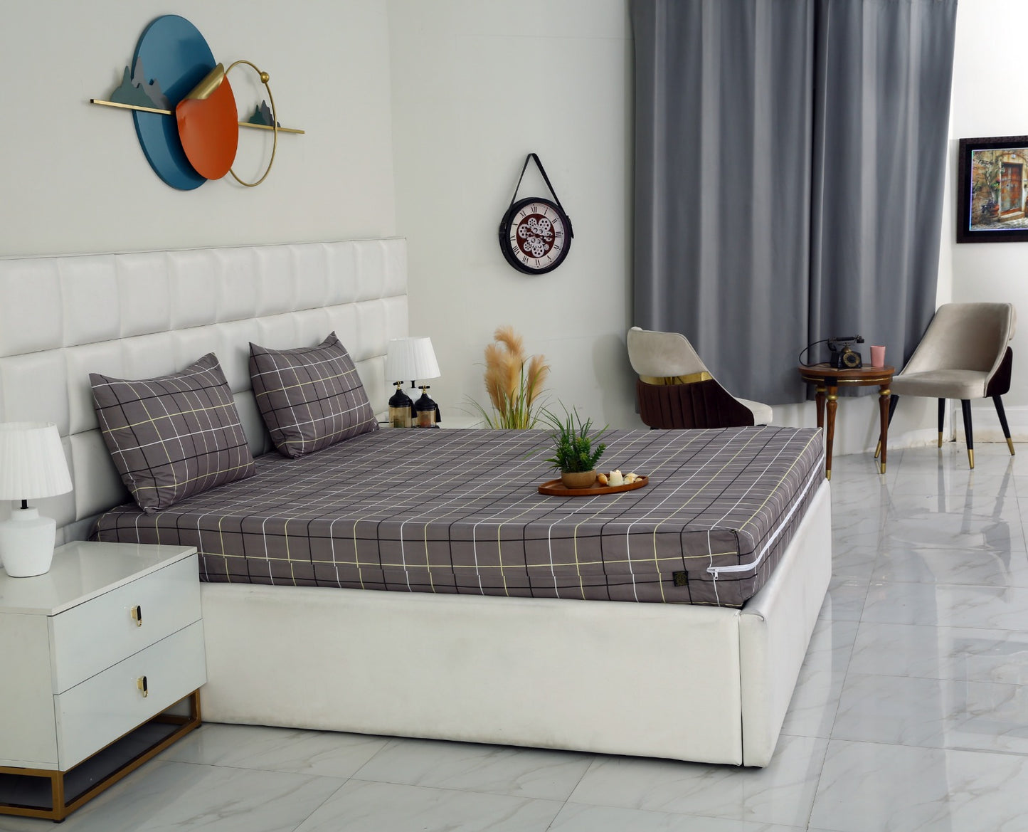 Zipper Mattress Cover Printed-Multi Check Protectors Apricot