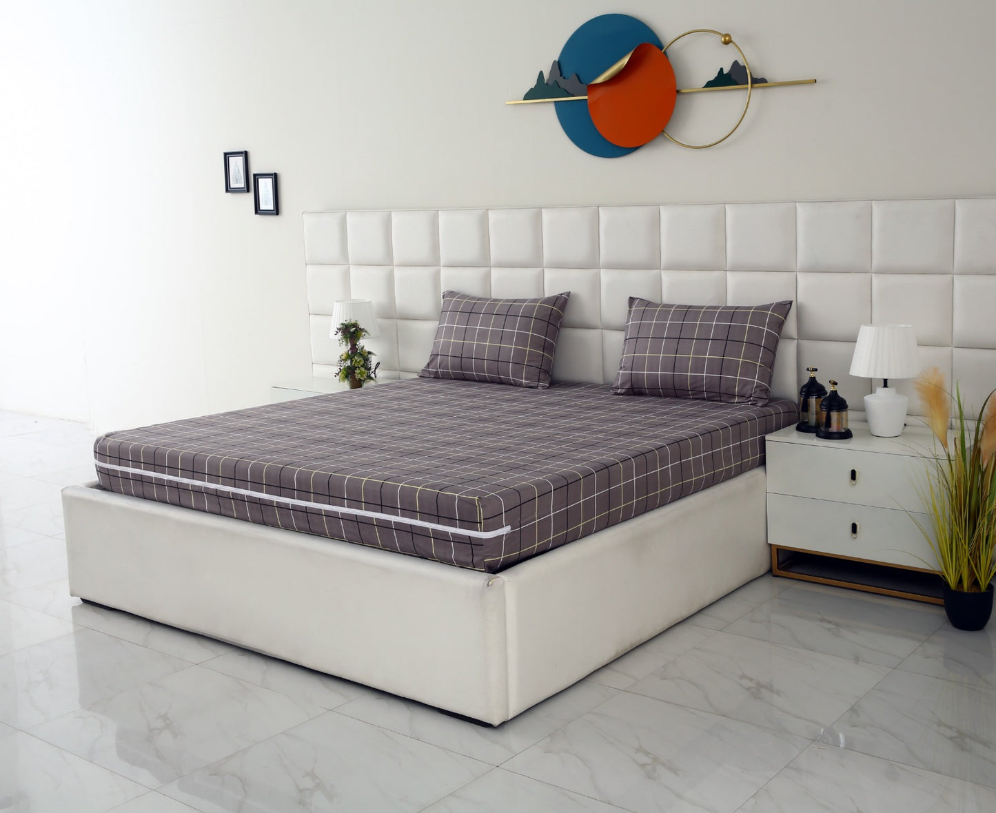 Zipper Mattress Cover Printed-Multi Check Protectors Apricot