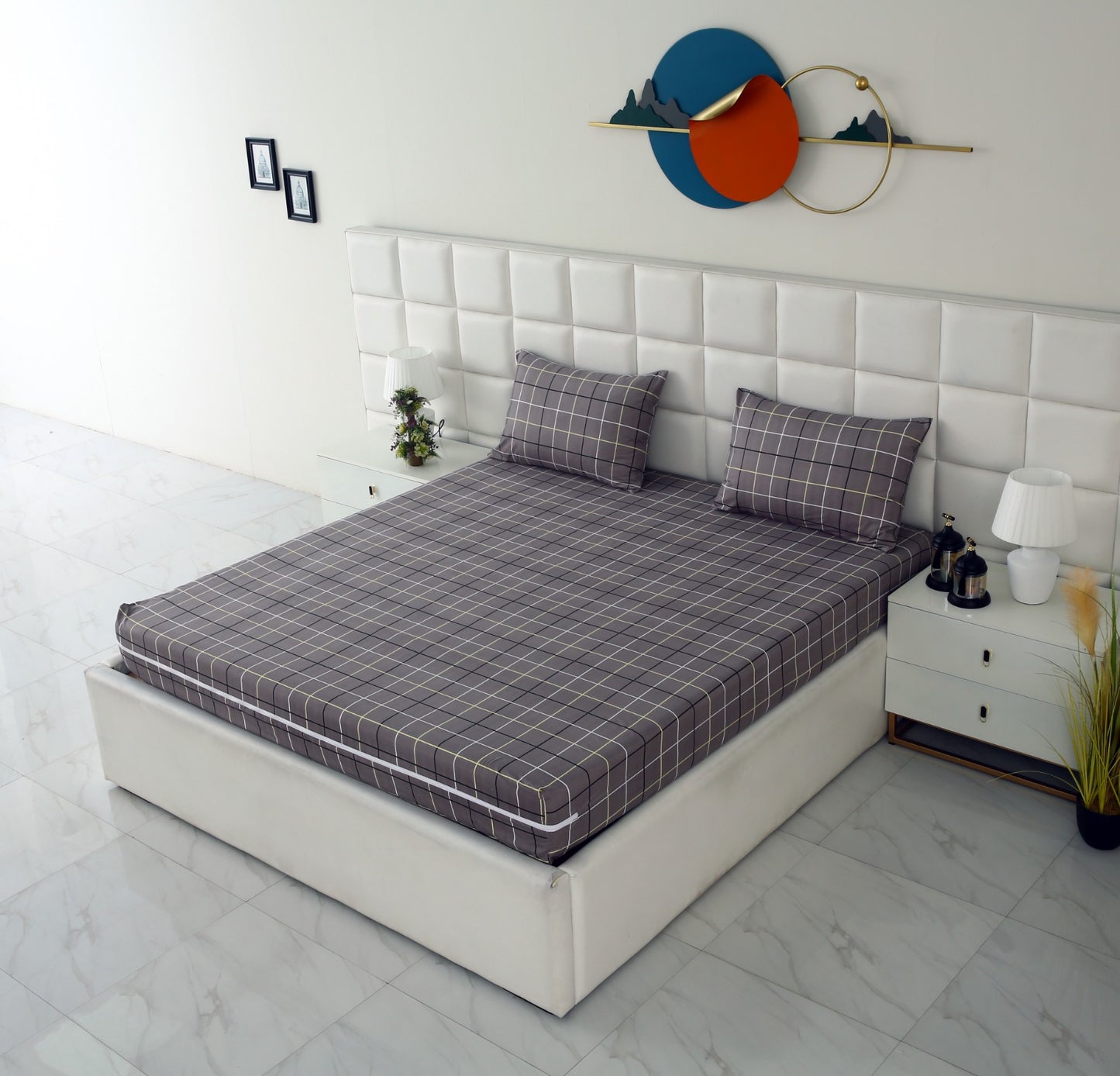 Zipper Mattress Cover Printed-Multi Check Protectors Apricot
