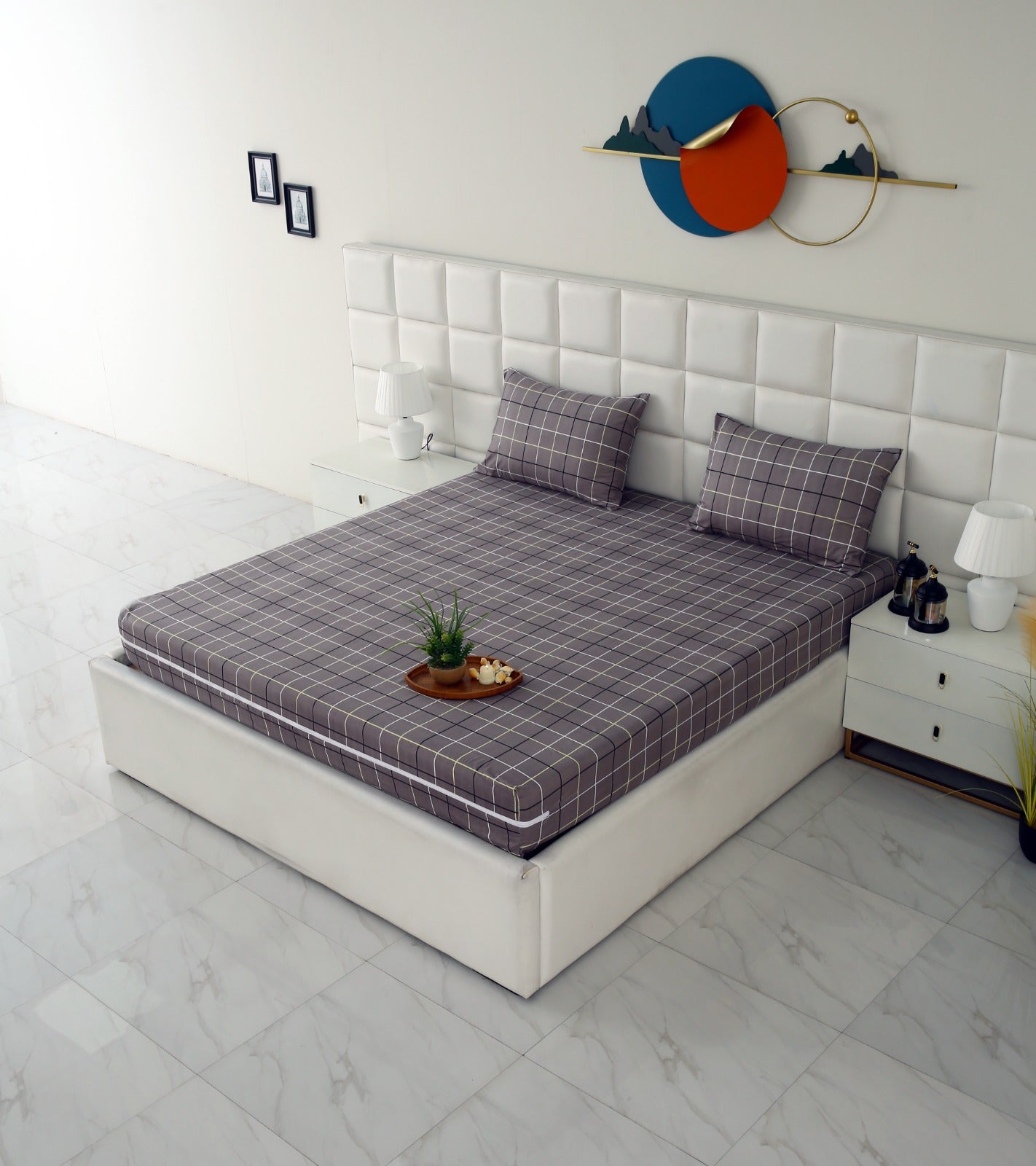 Zipper Mattress Cover Printed-Multi Check Protectors Apricot