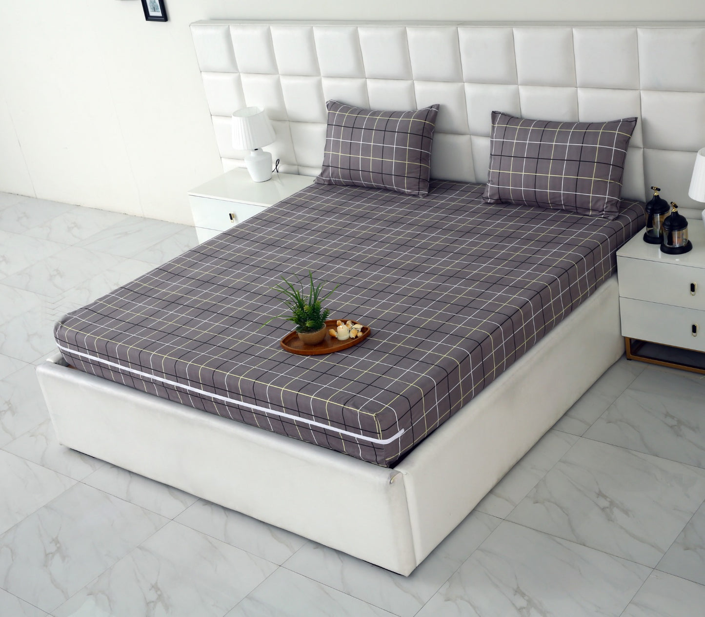 Zipper Mattress Cover Printed-Multi Check Protectors Apricot