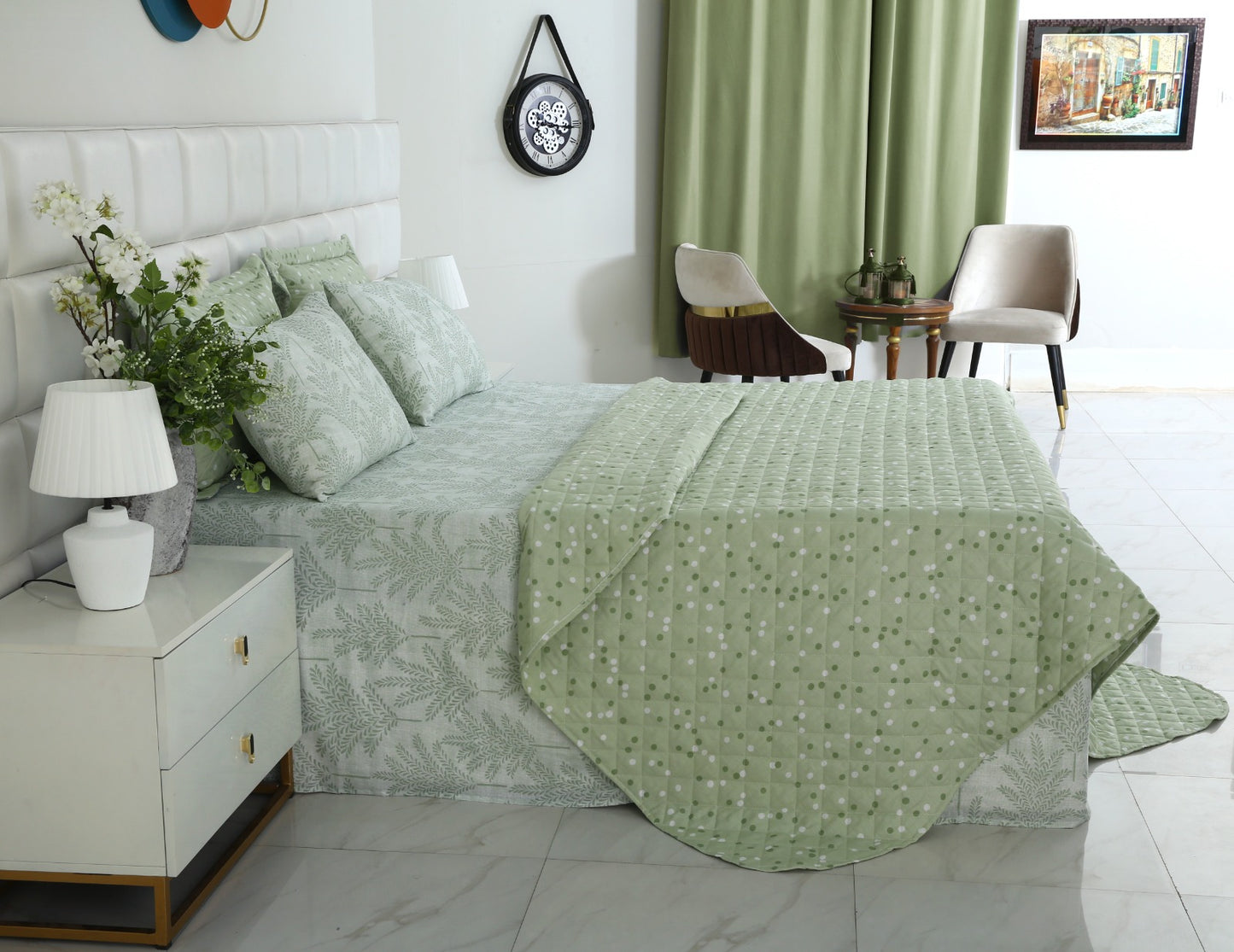 6 PCs Luxury Bed Spread Set-Mint Leafs Bed Spread Apricot