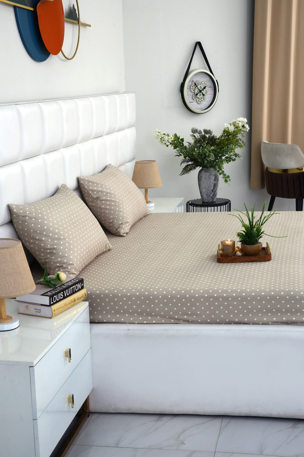 Zipper Mattress Cover Printed-Beige Polka Protectors Apricot