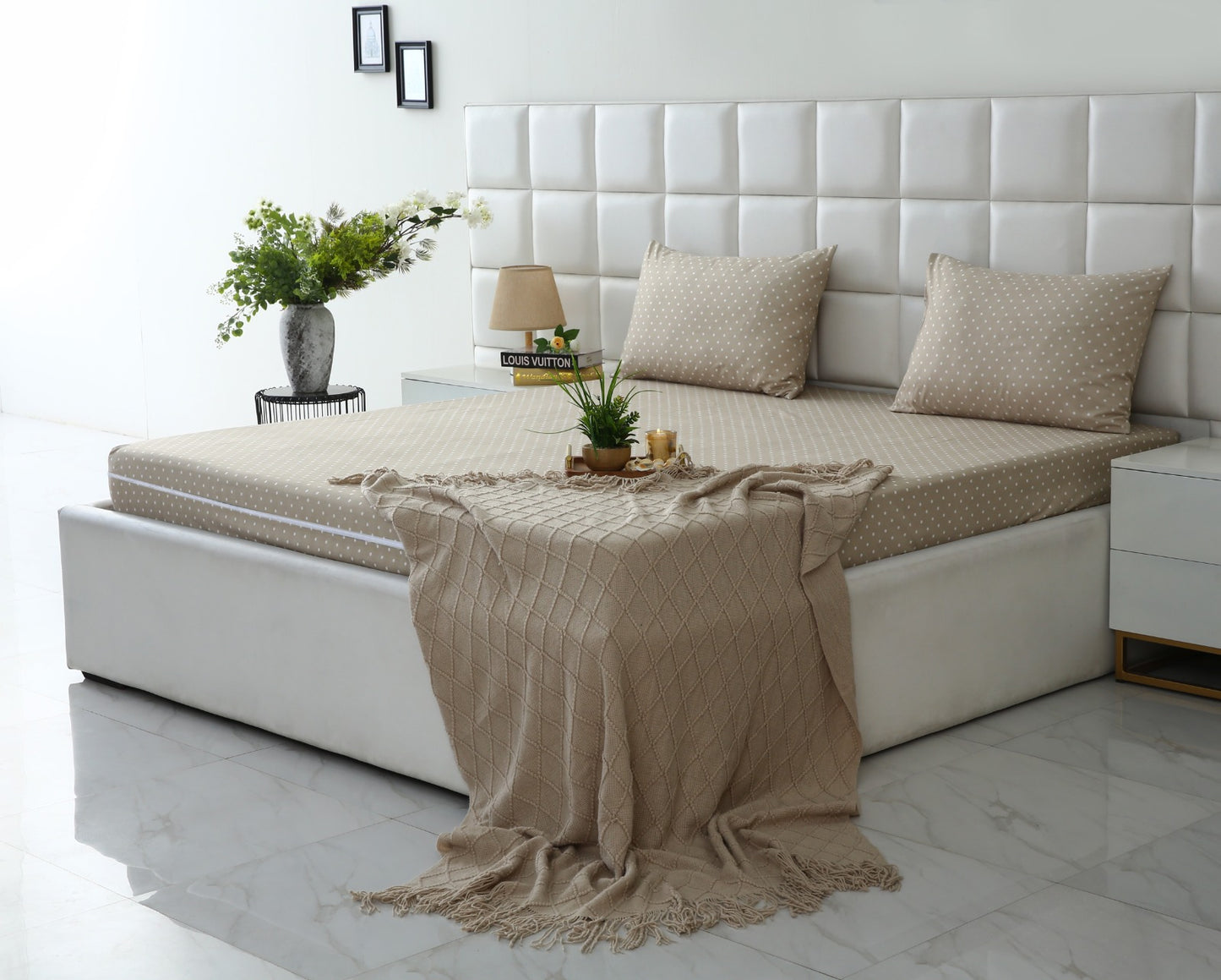Zipper Mattress Cover Printed-Beige Polka Protectors Apricot