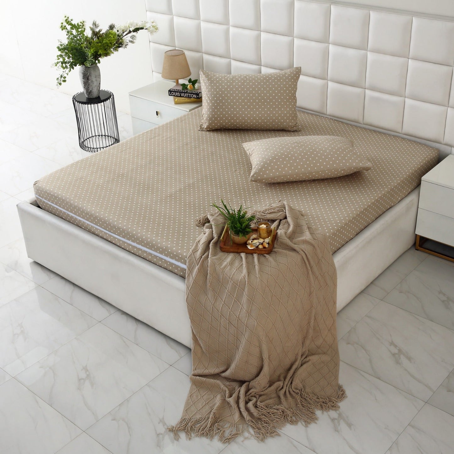 Zipper Mattress Cover Printed-Beige Polka Protectors Apricot