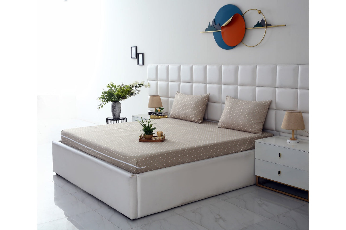 Zipper Mattress Cover Printed-Beige Polka Protectors Apricot