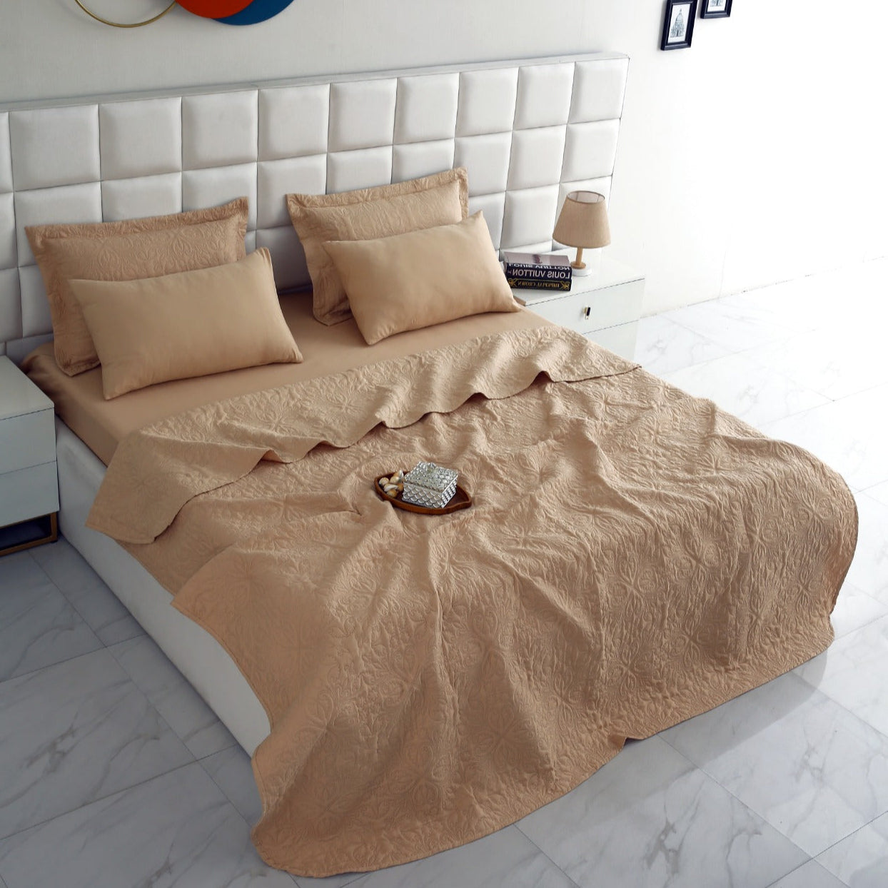 6 PCs Luxury Bed Spread Set-Beige Bed Spread Apricot