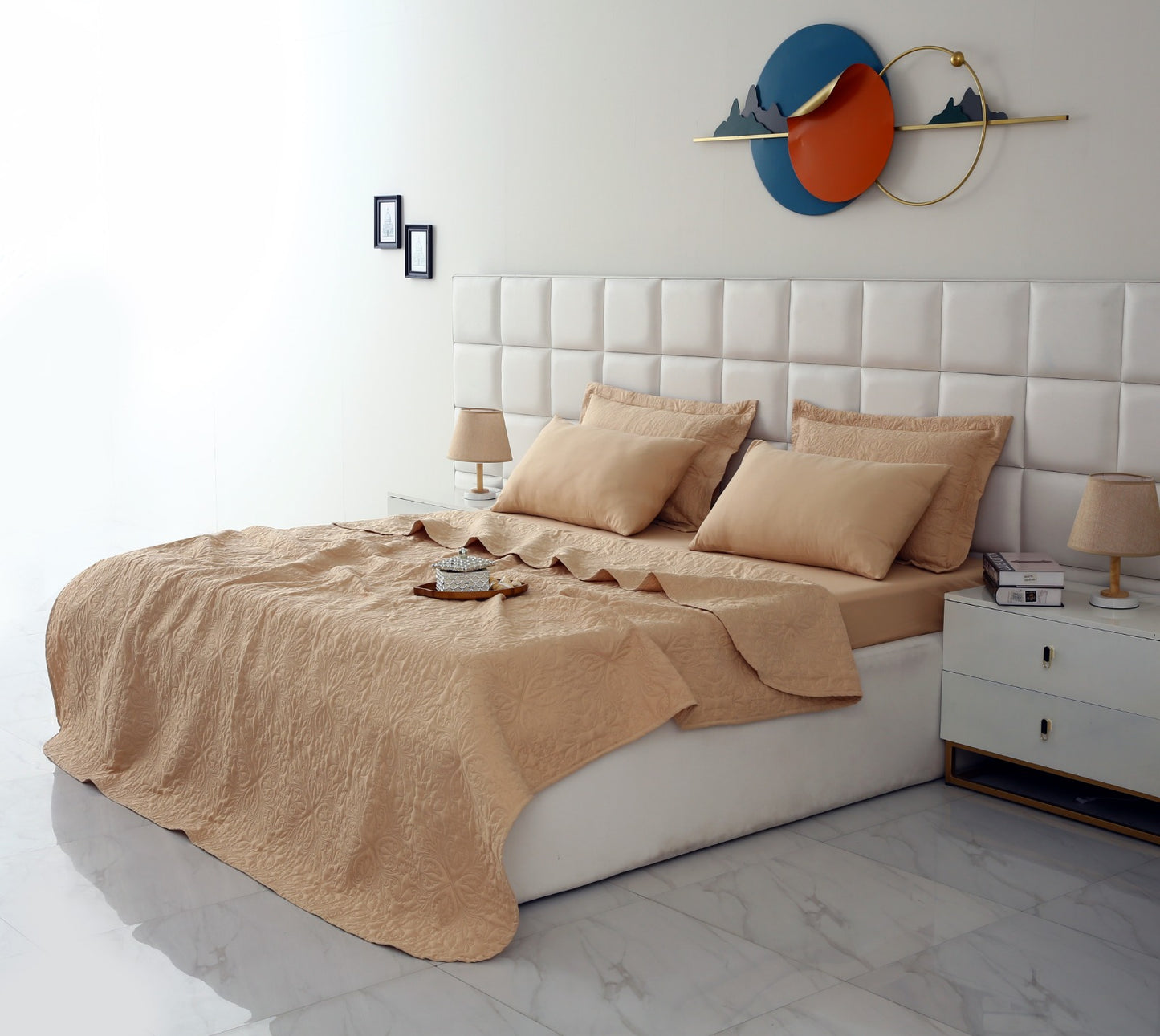 6 PCs Luxury Bed Spread Set-Beige Bed Spread Apricot