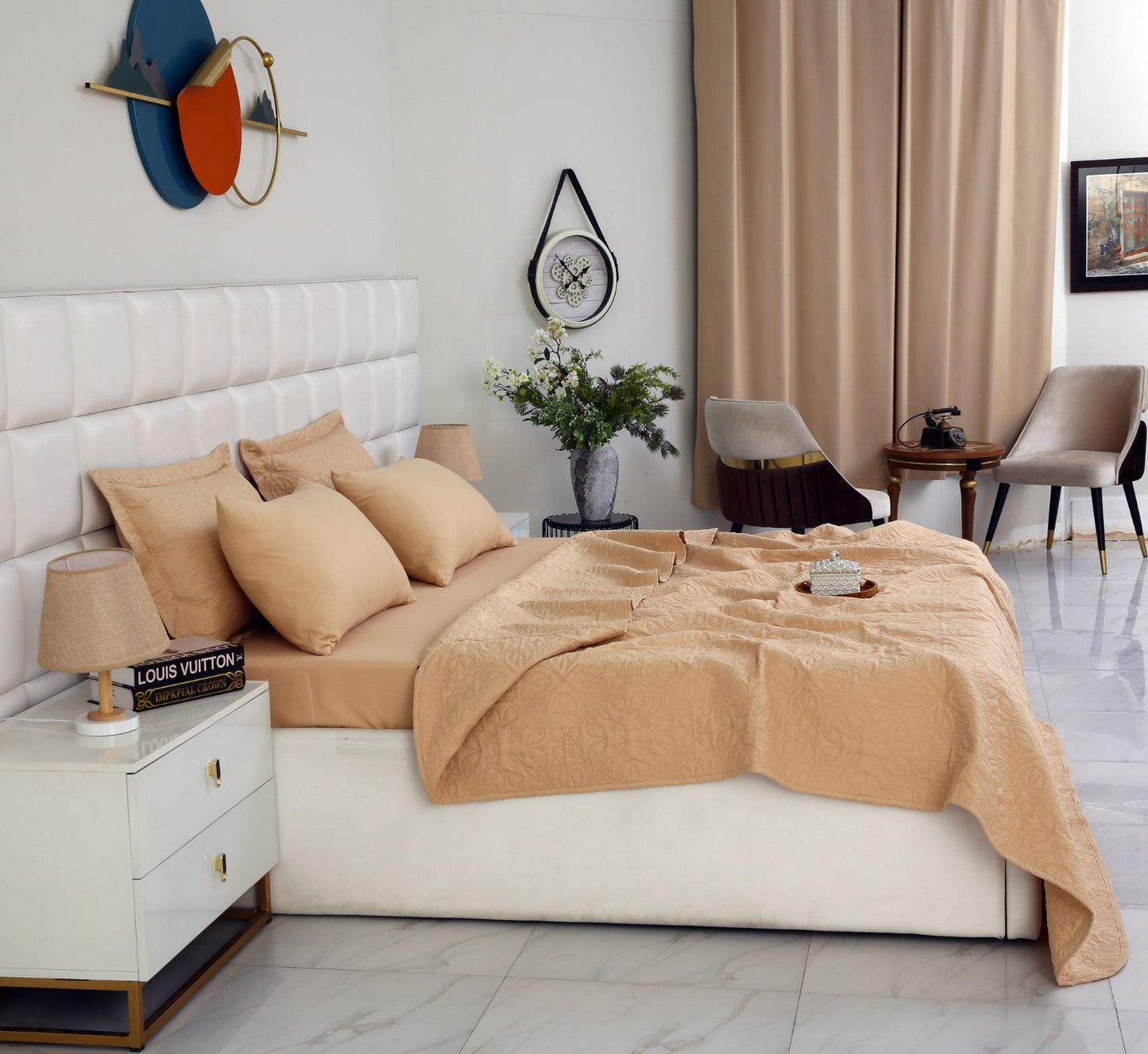 6 PCs Luxury Bed Spread Set-Beige Bed Spread Apricot