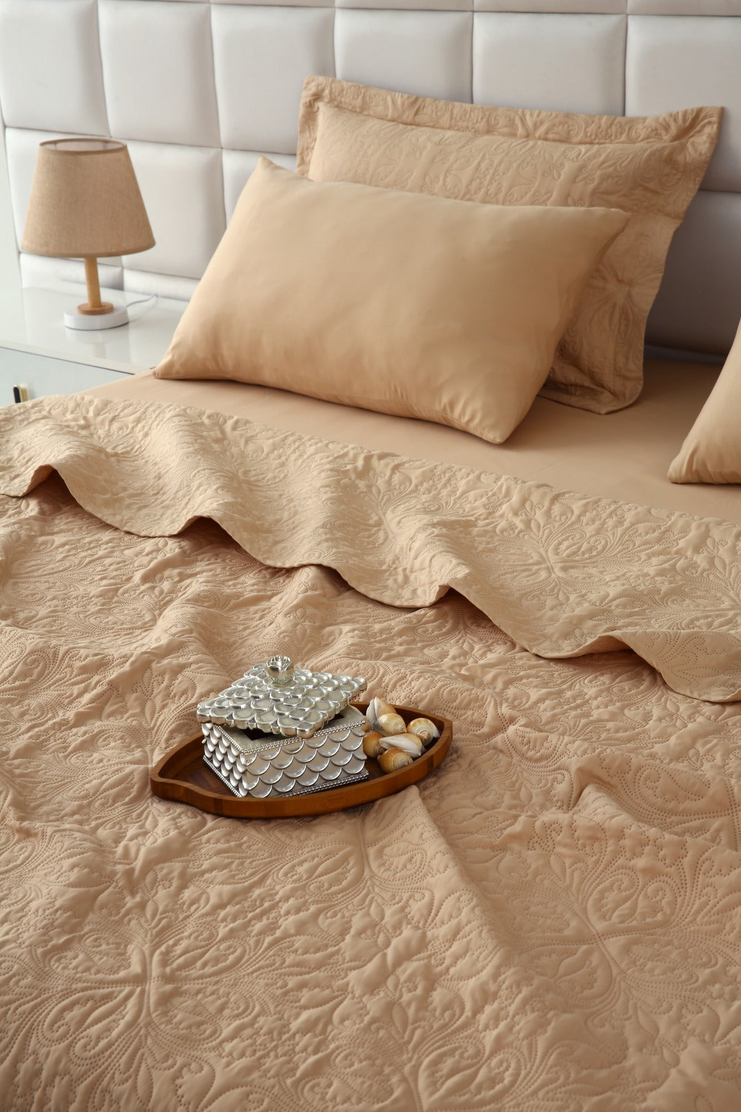 6 PCs Luxury Bed Spread Set-Beige Bed Spread Apricot