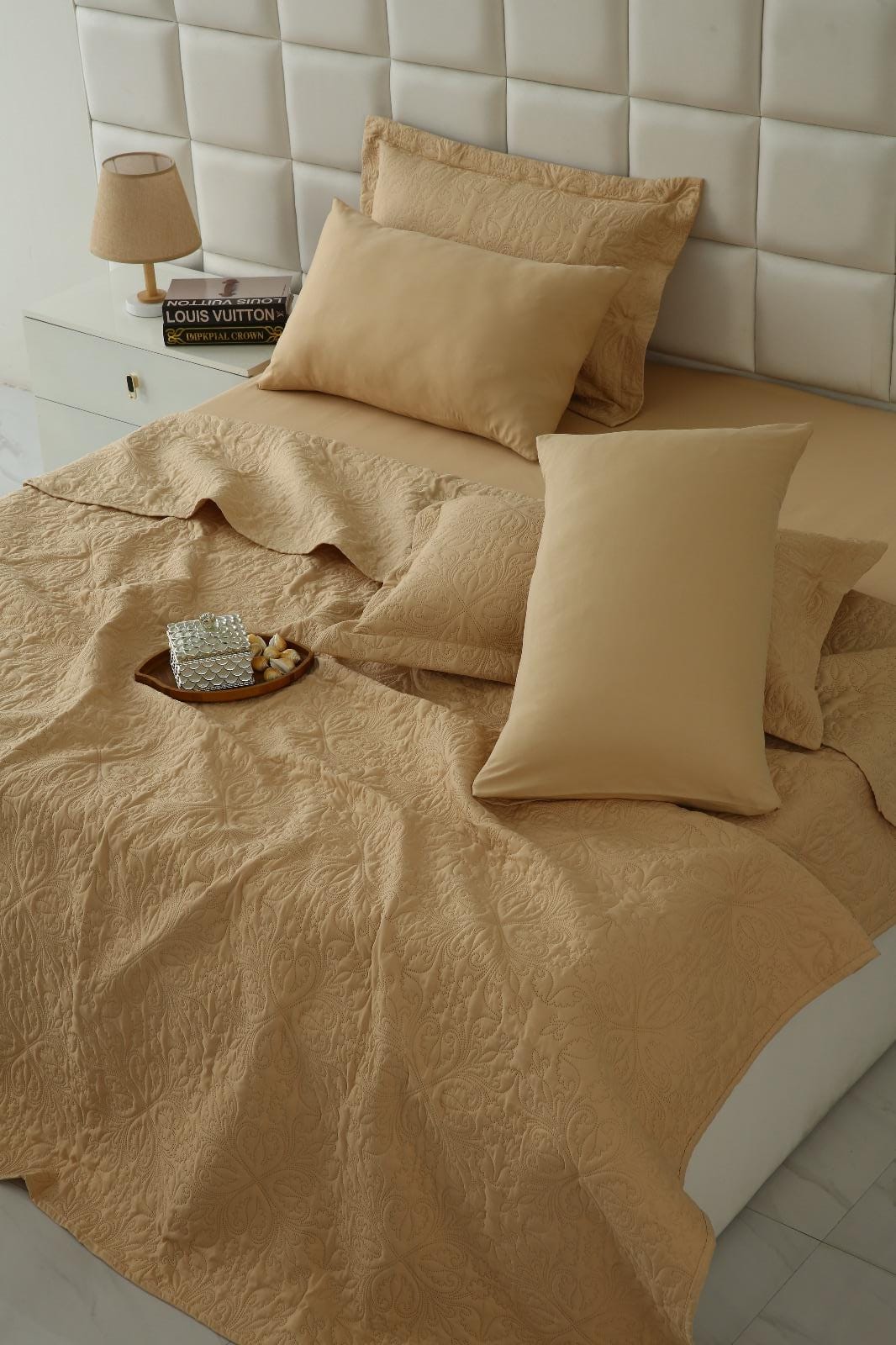 6 PCs Luxury Bed Spread Set-Beige Bed Spread Apricot