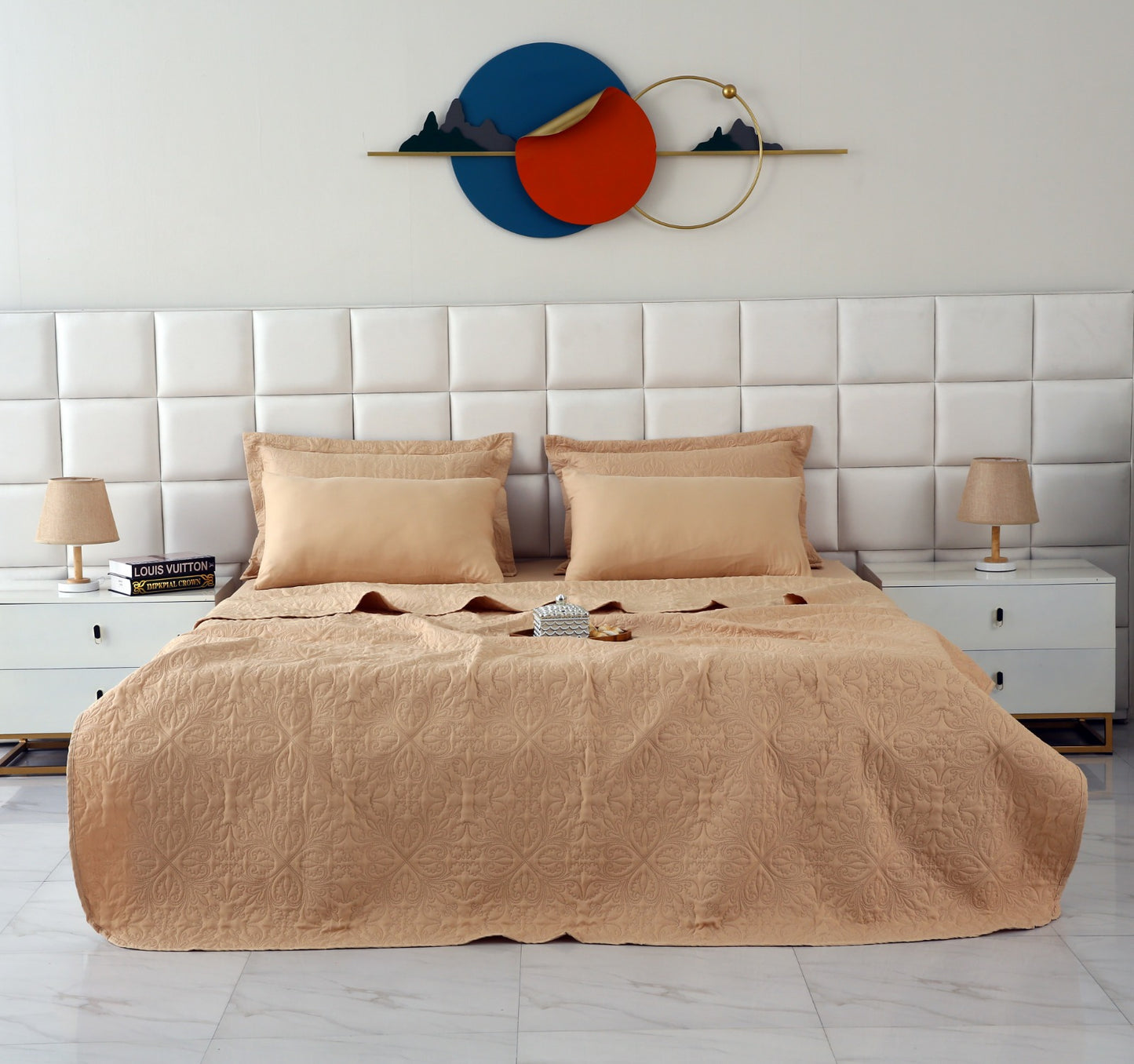 6 PCs Luxury Bed Spread Set-Beige Bed Spread Apricot
