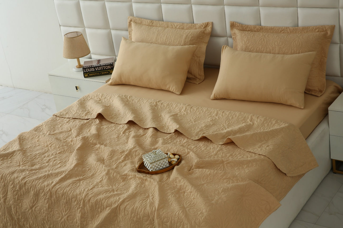 6 PCs Luxury Bed Spread Set-Beige Bed Spread Apricot