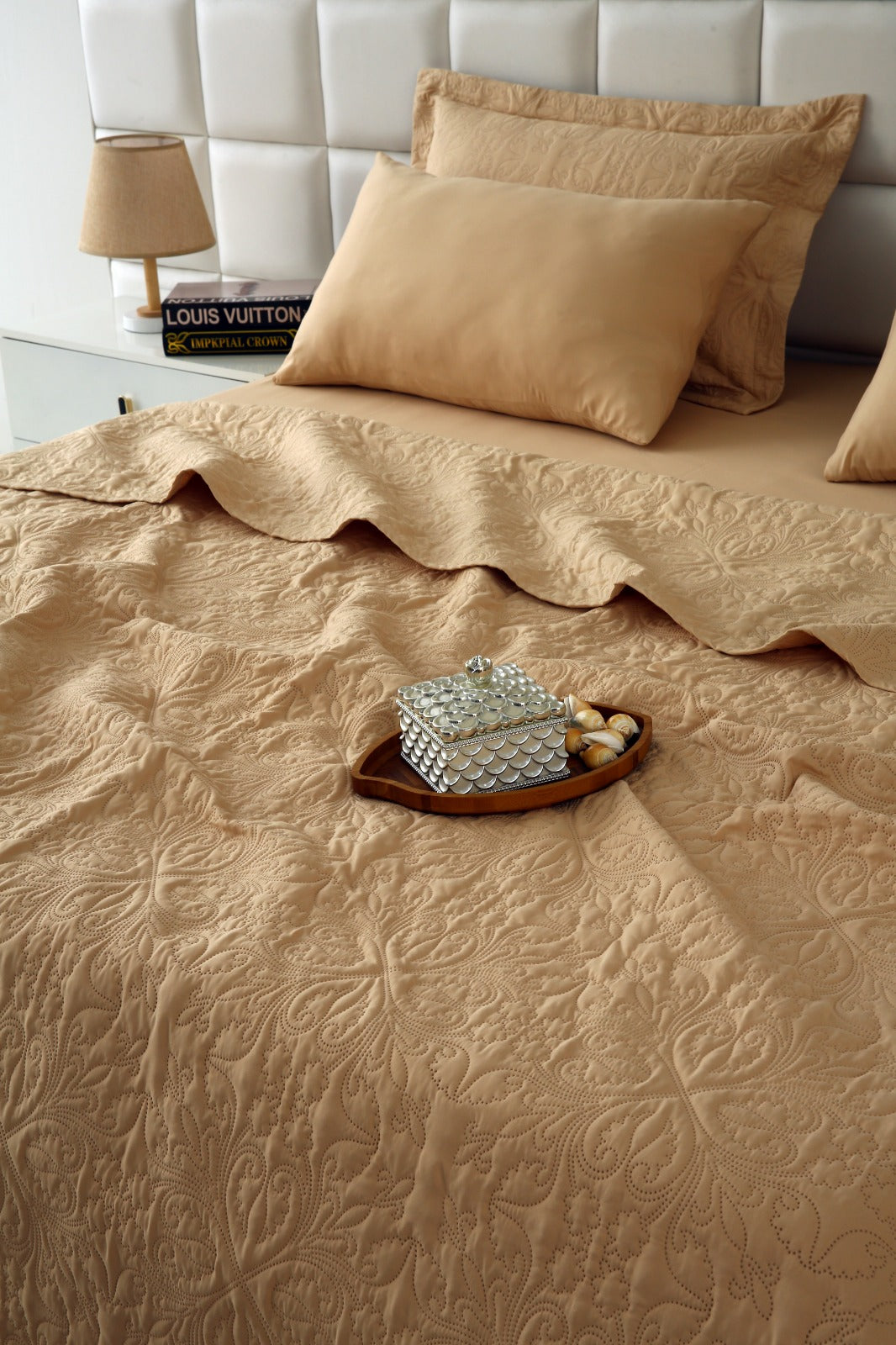 6 PCs Luxury Bed Spread Set-Beige Bed Spread Apricot