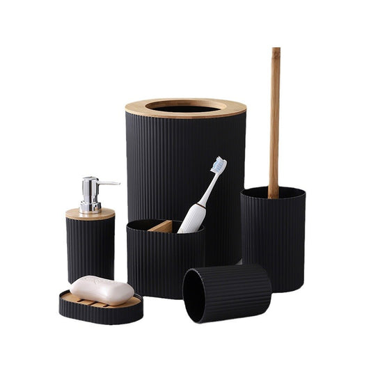 Wooden Lid PVC Bathroom Accessory Set-Stripes With Open Lid(Black) Bathroom Accessory Sets Apricot