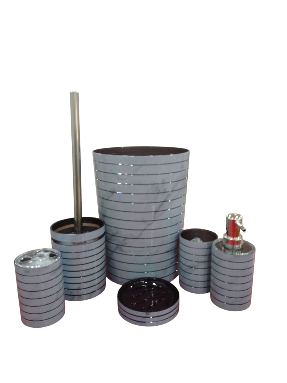 6PVC Bathroom Accessory Set-Embossed Stripe(Grey) Bathroom Accessory Sets Apricot