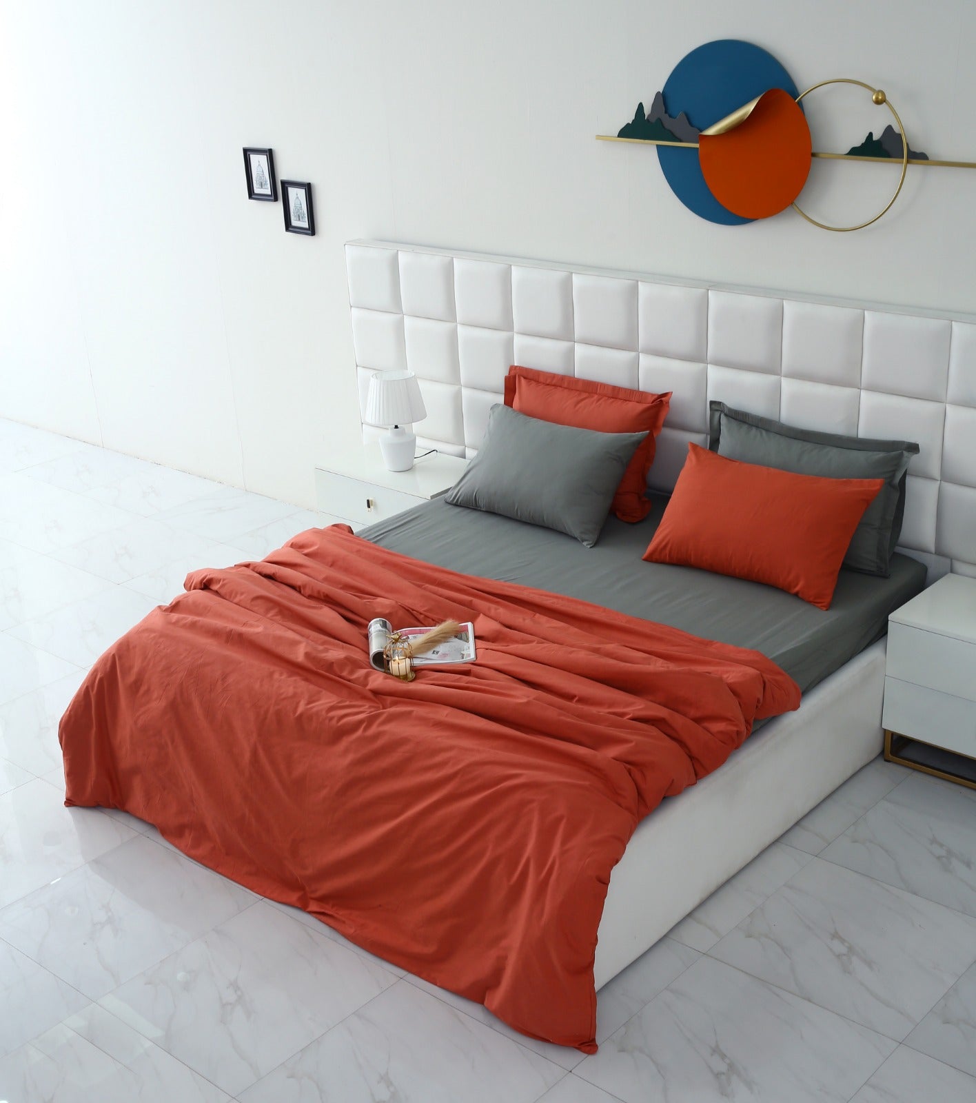 6 PCs Luxury Satin Dyed Duvet Cover Set-Grey Over Rust Duvet Cover Apricot