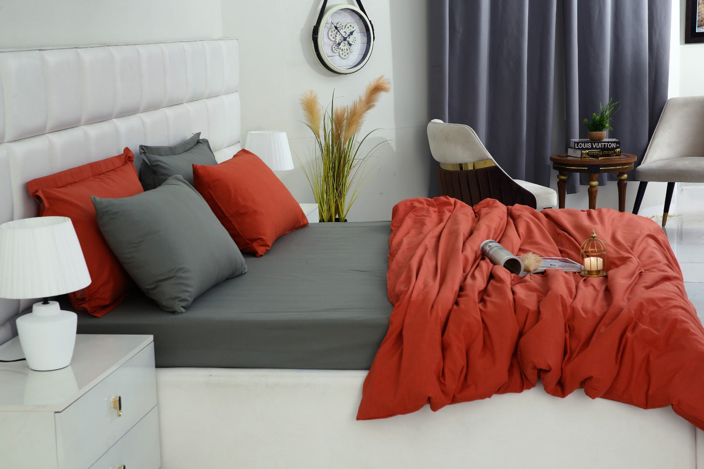 6 PCs Luxury Satin Dyed Duvet Cover Set-Grey Over Rust Duvet Cover Apricot