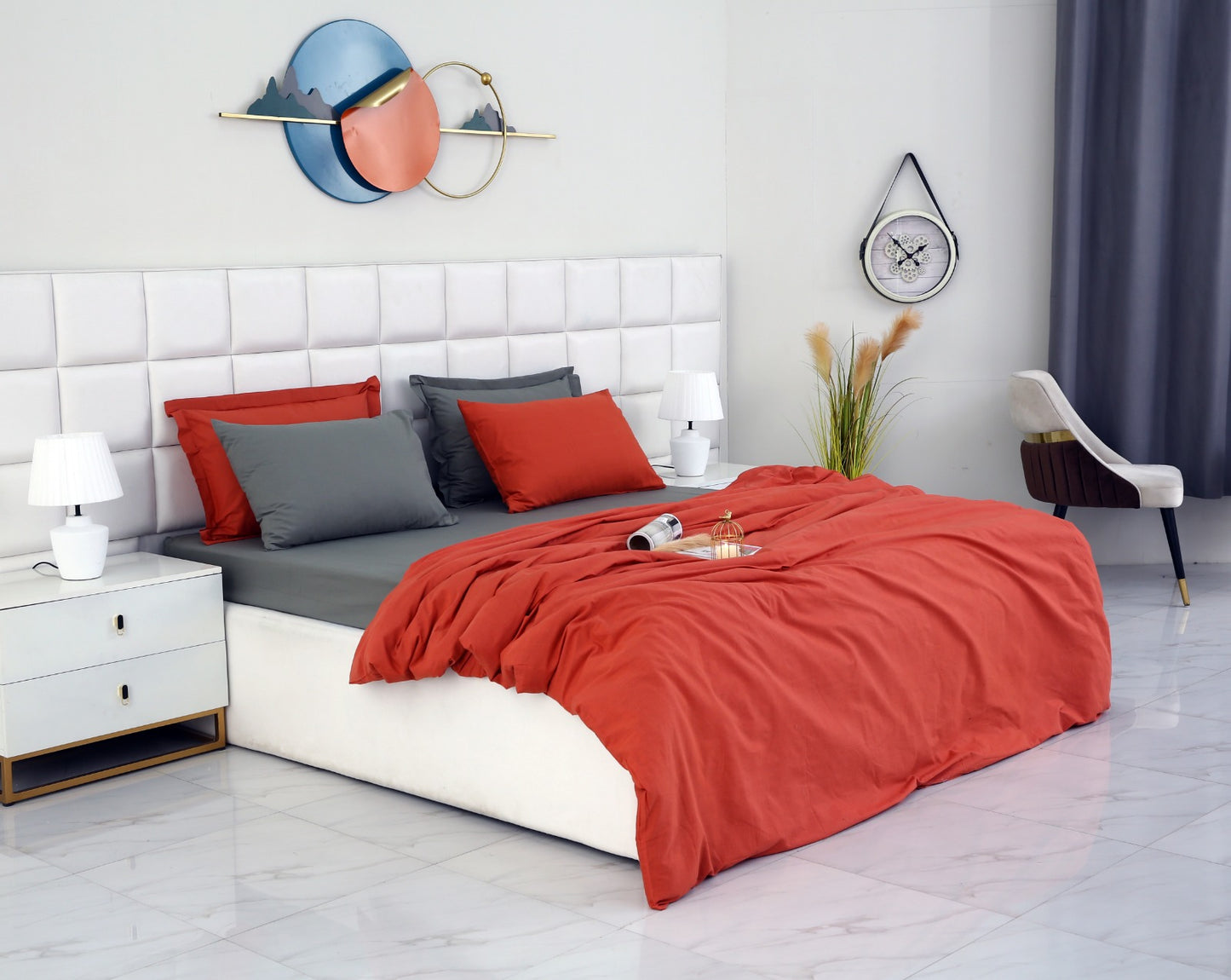 6 PCs Luxury Satin Dyed Duvet Cover Set-Grey Over Rust Duvet Cover Apricot