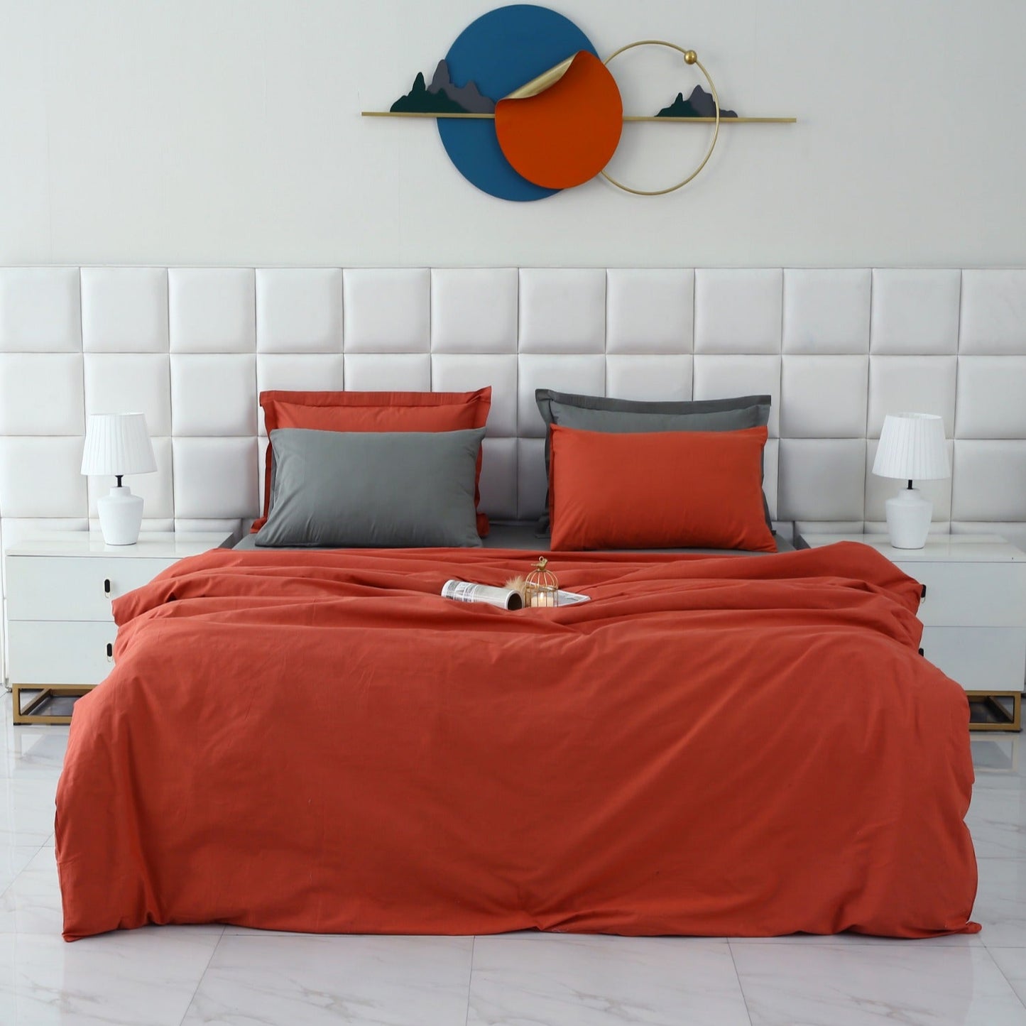 6 PCs Luxury Satin Dyed Duvet Cover Set-Grey Over Rust Duvet Cover Apricot