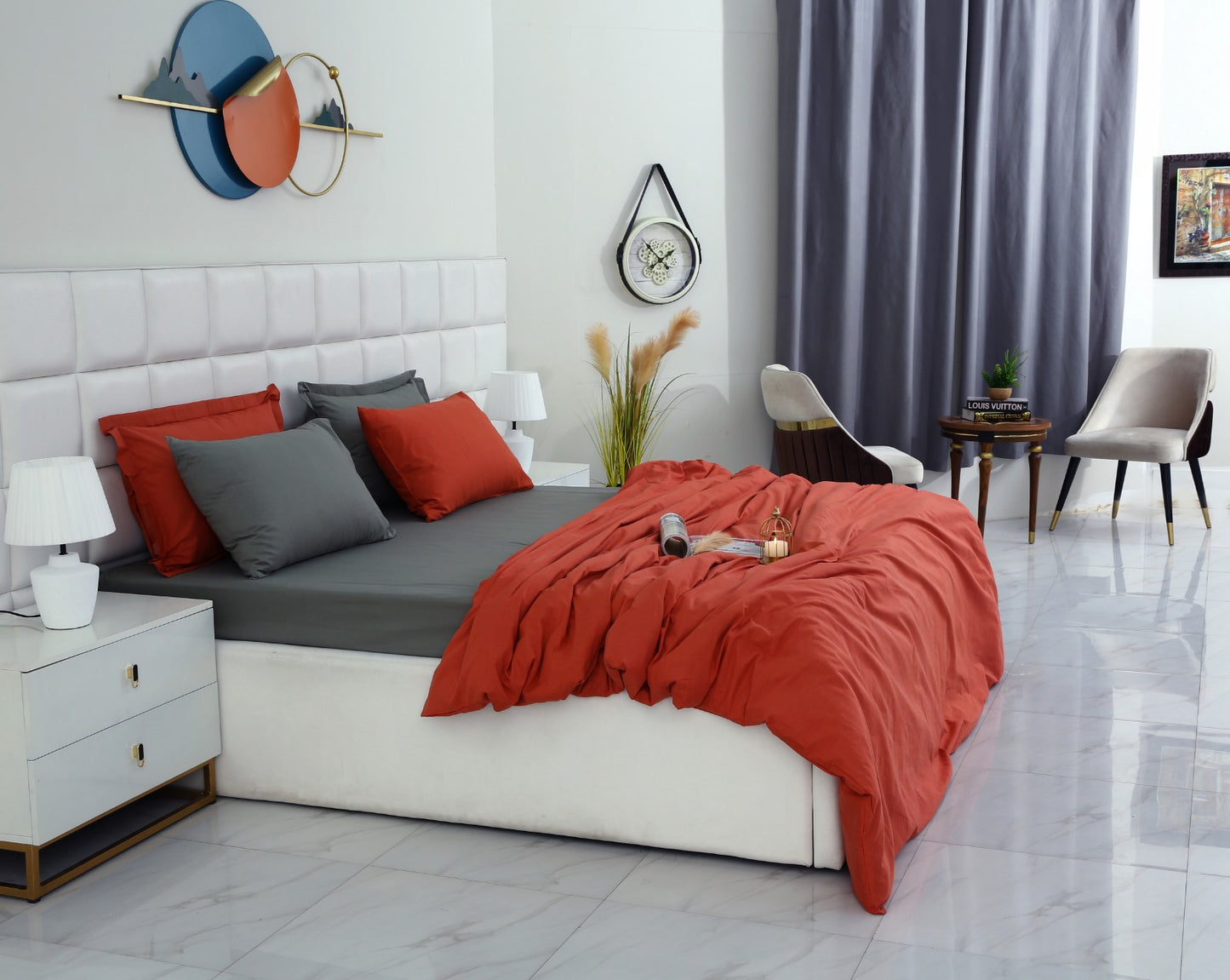 6 PCs Luxury Satin Dyed Duvet Cover Set-Grey Over Rust Duvet Cover Apricot