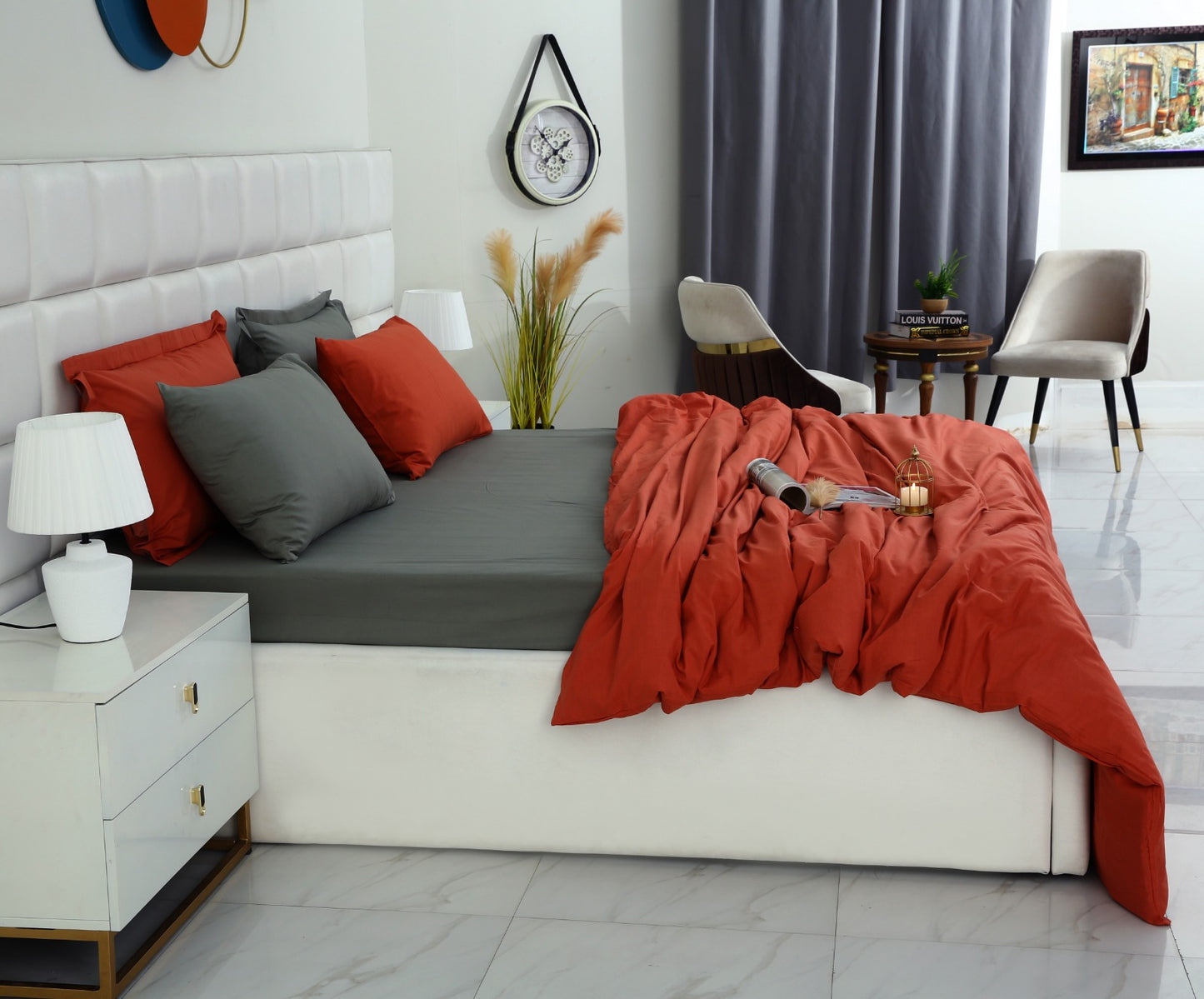6 PCs Luxury Satin Dyed Duvet Cover Set-Grey Over Rust Duvet Cover Apricot