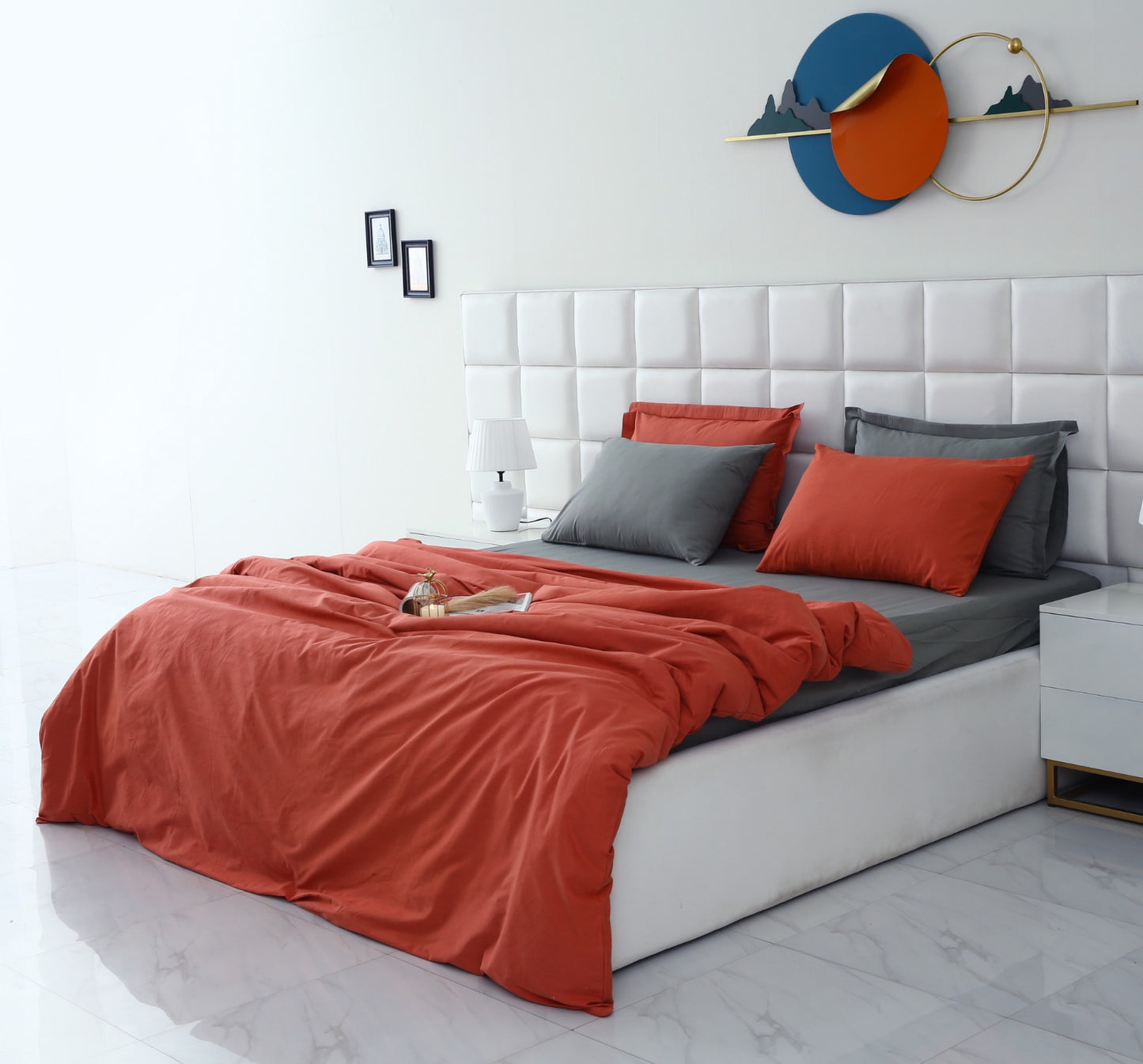 6 PCs Luxury Satin Dyed Duvet Cover Set-Grey Over Rust Duvet Cover Apricot