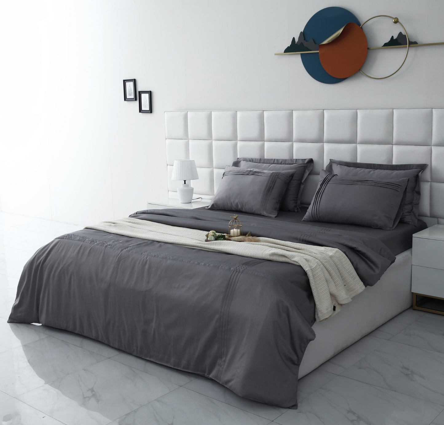 6 PCs Luxury Satin Dyed Duvet Cover Set-Grey Duvet Cover Apricot