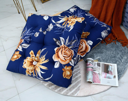 Digital Printed Square Floor Cushions-Ethnic Flowers cushions Apricot