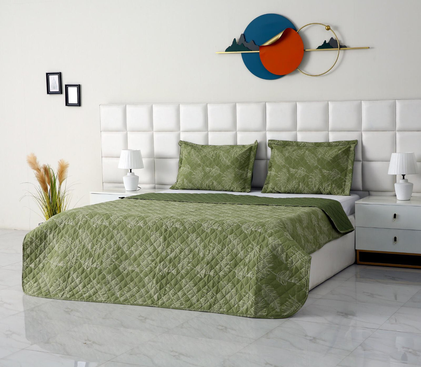 3 PCs Printed Bed Spread Set-Olive Leaf Bed Spread Apricot