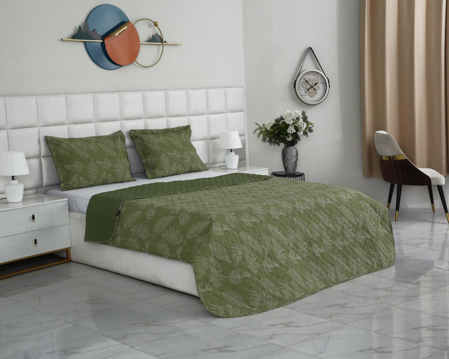 3 PCs Printed Bed Spread Set-Olive Leaf Bed Spread Apricot