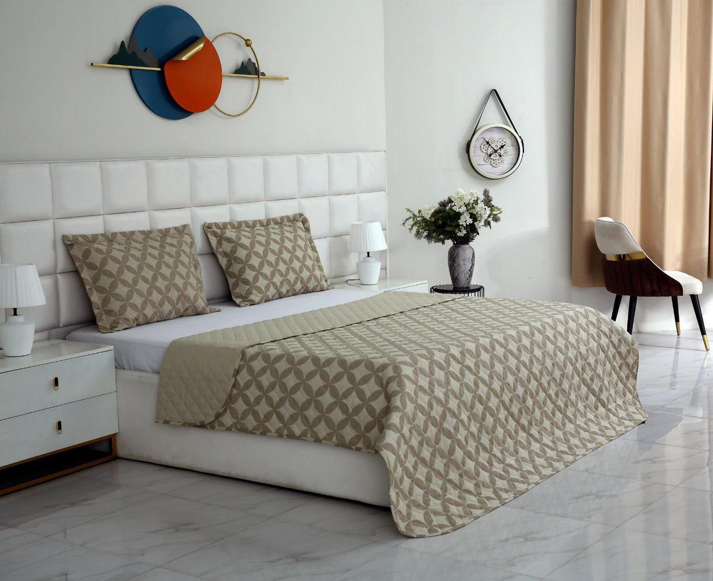 3 PCs Printed Bed Spread Set-Beige Flower Bed Spread Apricot