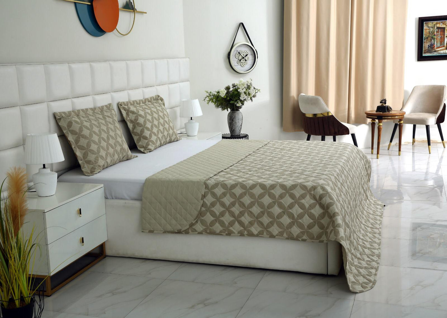 3 PCs Printed Bed Spread Set-Beige Flower Bed Spread Apricot