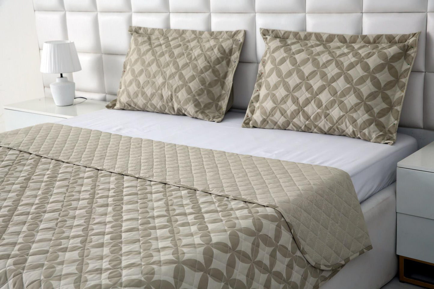 3 PCs Printed Bed Spread Set-Beige Flower Bed Spread Apricot