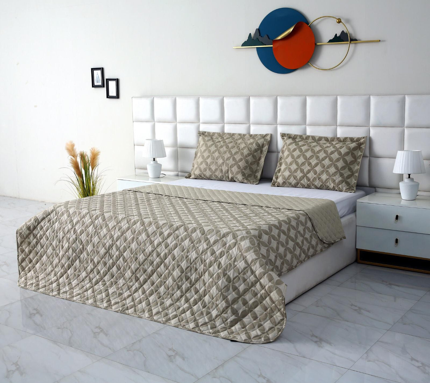3 PCs Printed Bed Spread Set-Beige Flower Bed Spread Apricot