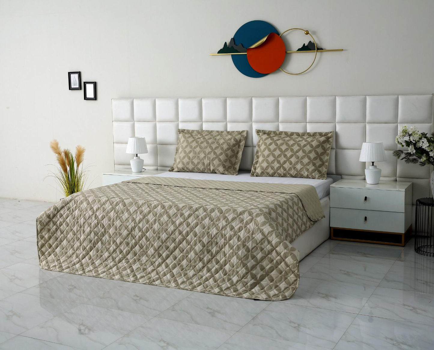 3 PCs Printed Bed Spread Set-Beige Flower Bed Spread Apricot
