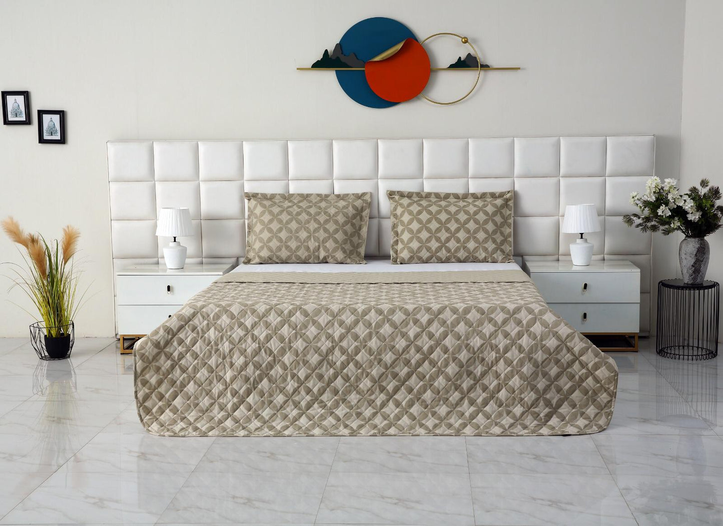 3 PCs Printed Bed Spread Set-Beige Flower Bed Spread Apricot