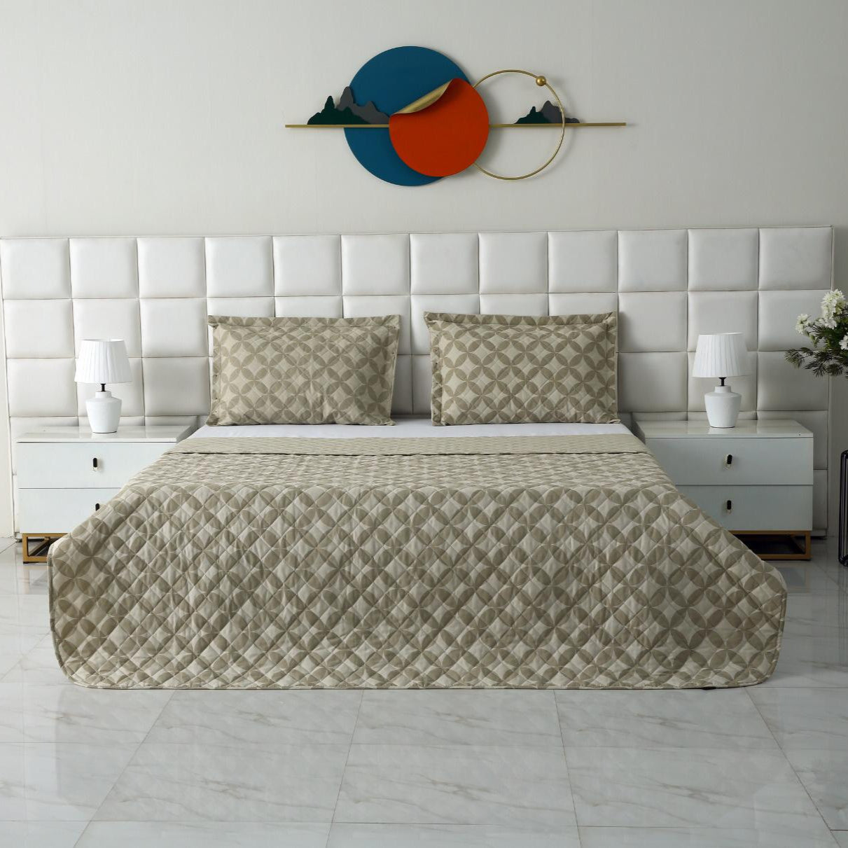 3 PCs Printed Bed Spread Set-Beige Flower Bed Spread Apricot