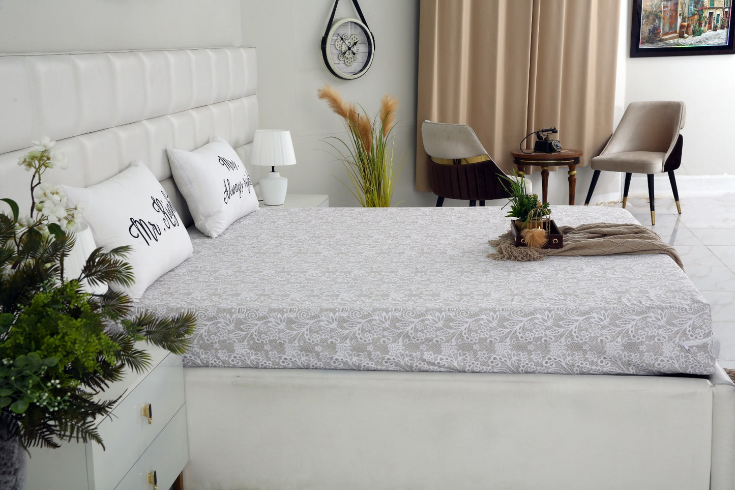 Zipper Mattress Cover Printed-Beige Flower Protectors Apricot