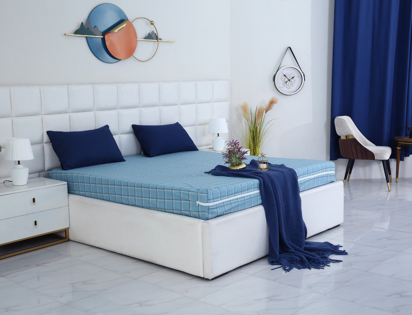 Zipper Mattress Cover Printed-Patrol Blue Check Protectors Apricot
