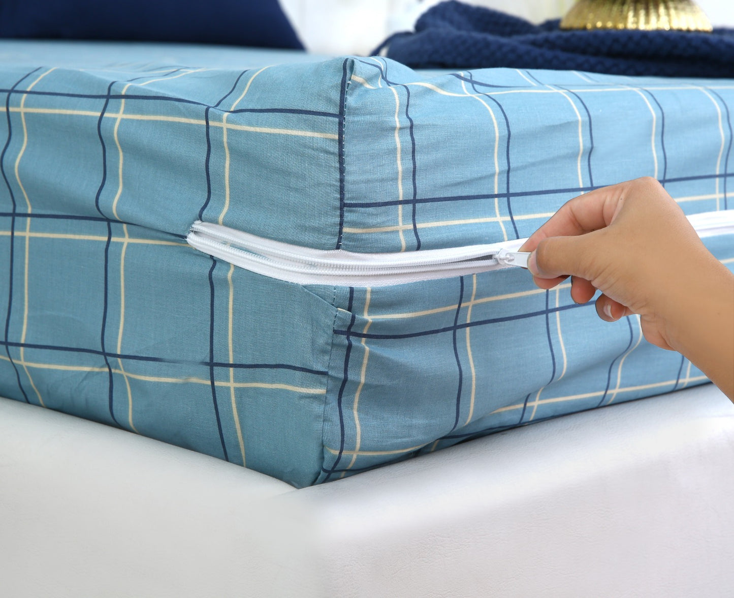 Zipper Mattress Cover Printed-Patrol Blue Check Protectors Apricot