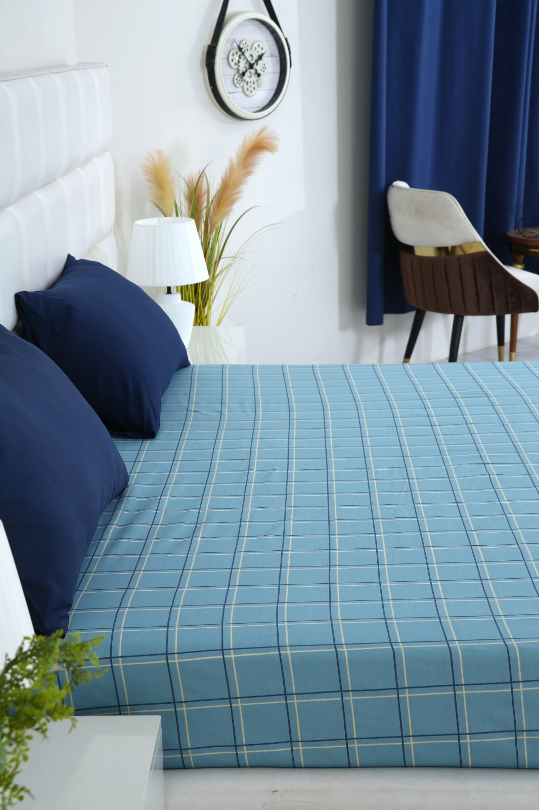 Zipper Mattress Cover Printed-Patrol Blue Check Protectors Apricot